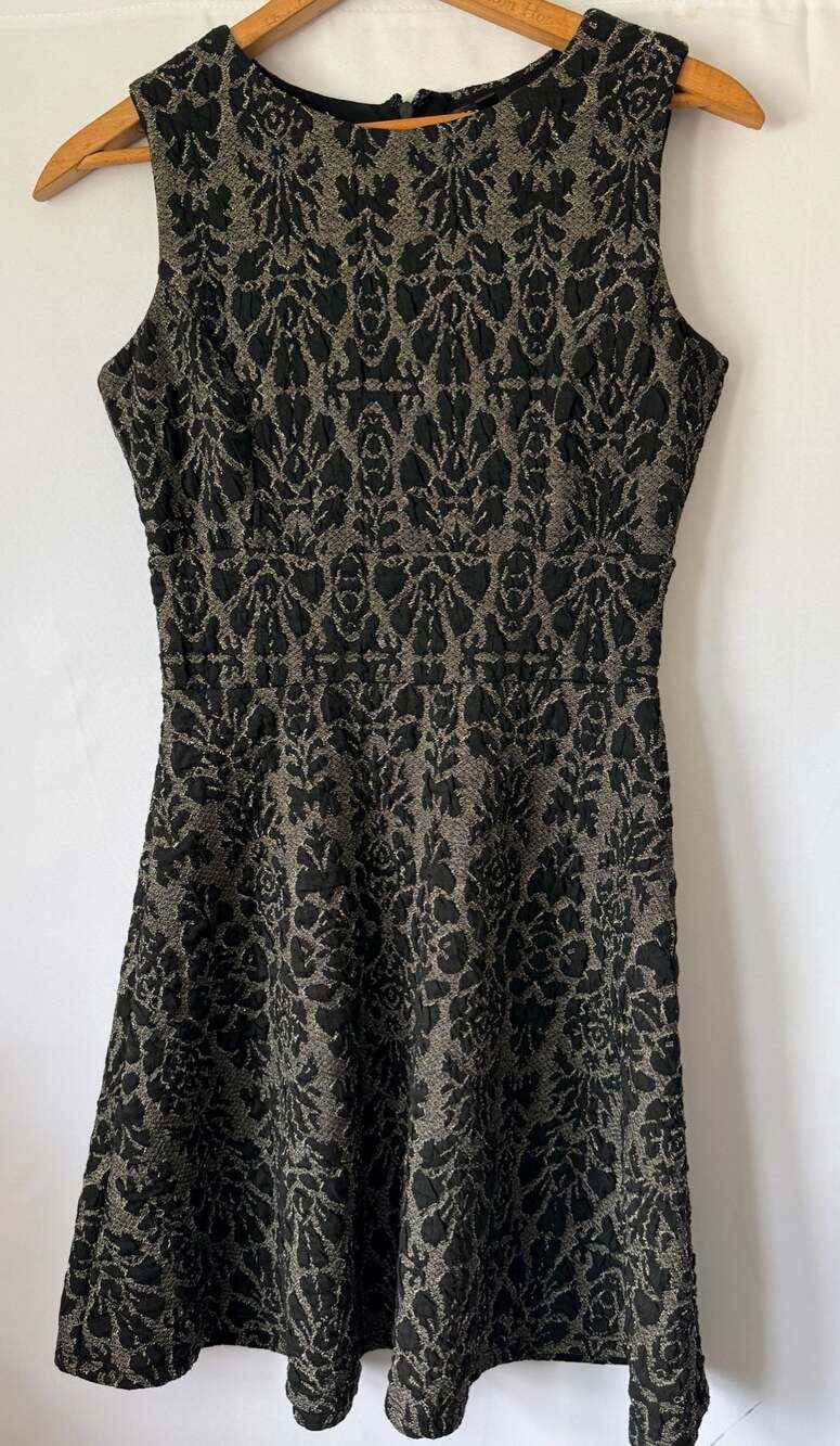 Fifth & Park Black  Gold Metallic Jacquard Sleeveless Fit-and-Flare Mini Dress